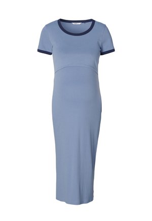 Blue maternity dress made of soft fabric, featuring a round neckline, short sleeves with contrasting navy trim, and a fitted silhouette.