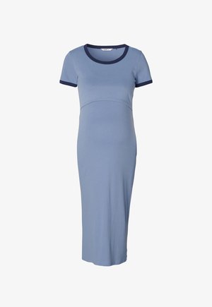 Blue maternity dress made of soft fabric, featuring a round neckline, short sleeves with contrasting navy trim, and a fitted silhouette.