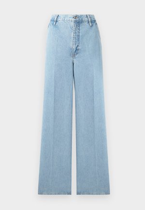 Light blue wide-leg jeans made of denim with a high waist, featuring five belt loops, a front button closure, and stitched seams.