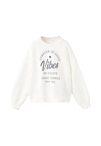 Felpa bianca con scollo rotondo e spalle scese, caratterizzata da un design testuale grigio scuro: "PER SEMPRE IN BUONE Vibrazioni CREIAMO GRANDI COSE dal 1984."
