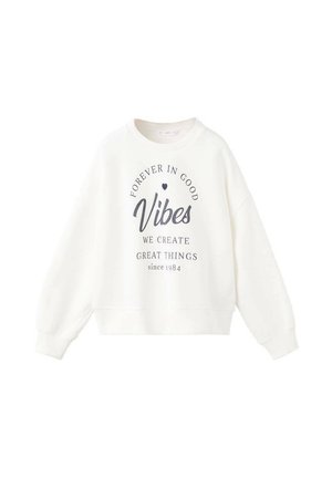 Sweatshirt blanc avec un col rond et des épaules tombantes, portant un design textuel gris foncé : "POUR TOUJOURS DANS DE BONNES Vibes NOUS CRÉONS DE GRANDES CHOSES depuis 1984."
