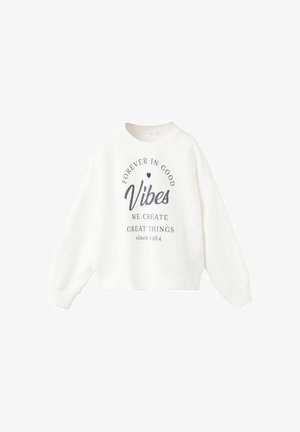 Witte sweatshirt met een ronde hals en verlaagde schouders, voorzien van een donkergrijze tekstontwerp: "VOOR ALTIJD IN GOEDE Vibes CREËREN WE GROTE DINGEN sinds 1984."