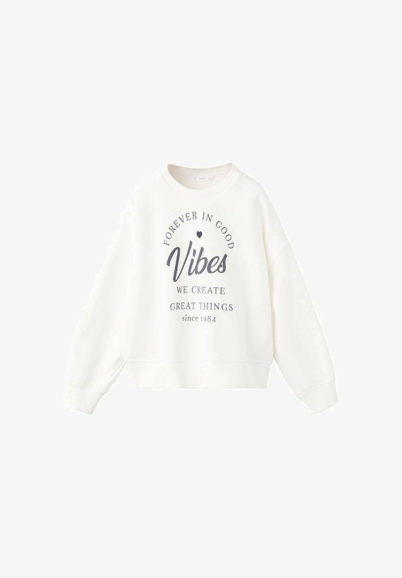Felpa bianca con scollo rotondo e spalle scese, caratterizzata da un design testuale grigio scuro: "PER SEMPRE IN BUONE Vibrazioni CREIAMO GRANDI COSE dal 1984."
