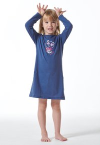 Giacchetta da notte a maniche lunghe per bambini in blu navy con una divertente grafica di un orso e testo. Tessuto morbido, lunghezza al ginocchio, con una vestibilità rilassata.