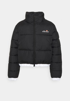 Schwarze Steppjacke mit hohem Kragen, Frontreißverschluss, weißen elastischen Bündchen und Saum sowie kleinem "ellesse" Logo auf der linken Brust.