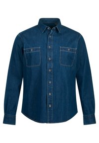 Donkerblauwe denim overhemd met knopen, uitgerust met twee borstzakken, lange mouwen en een puntige kraag. Stikseldetails langs de randen.