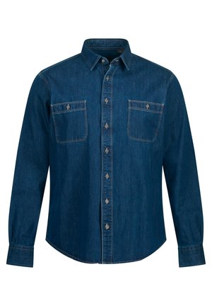 Donkerblauwe denim overhemd met knopen, uitgerust met twee borstzakken, lange mouwen en een puntige kraag. Stikseldetails langs de randen.