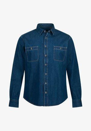 Dunkelblaue Denim-Button-Up-Hemd mit zwei Brusttaschen, langen Ärmeln und einem spitzen Kragen. Nähte an den Kanten.