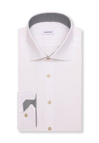 Chemise blanche pour homme avec col et poignets intérieurs à motifs, boutons beige et étiquette de marque à l'intérieur du col.