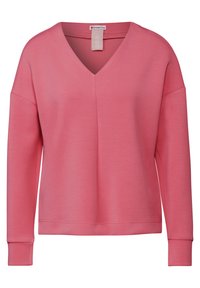 Roze, zachte sweatshirt met een V-hals, lange mouwen en geribde manchetten. De stof heeft een gladde textuur, geschikt voor casual kleding.