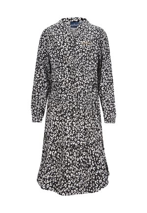 Schwarz-weißes Leopardenmuster-Kleid mit langen Ärmeln und V-Ausschnitt. Es verfügt über eine taillierte Passform und einen ausgestellten, gestuften Rock für eine fließende Silhouette.