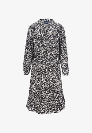 Schwarz-weißes Leopardenmuster-Kleid mit langen Ärmeln und V-Ausschnitt. Es verfügt über eine taillierte Passform und einen ausgestellten, gestuften Rock für eine fließende Silhouette.