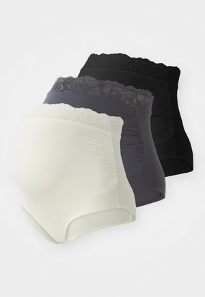 Høyt liv shaper i svart, mørkegrått og hvitt - glatt stoff med blondekanter på midjebåndet og sømløs finish.