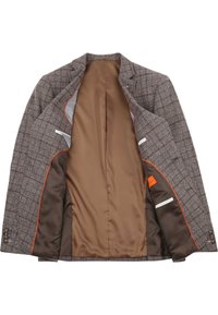 Brown checked blazer with a textured exterior, a brown satin lining, and orange accents. Features two inner pockets and a notch lapel.