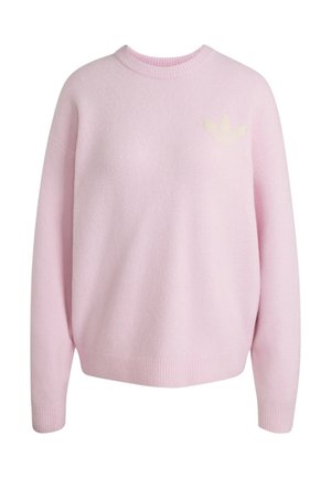 Lyserød langærmet strikket sweater med ribbet rund hals, manchetter og kant, med et diskret indpræget logo på øverste venstre del af brystet.
