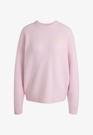 Lyserød langærmet strikket sweater med ribbet rund hals, manchetter og kant, med et diskret indpræget logo på øverste venstre del af brystet.