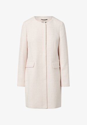 Light pink tweed coat with a rounded neckline, long sleeves, and two front pockets. Textured fabric and a straight cut design.