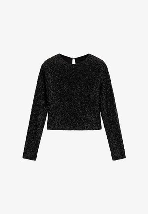 Haut noir cropped à manches longues avec un tissu texturé. Il présente un col rond et une fermeture éclair au dos. Fini doux et lisse.