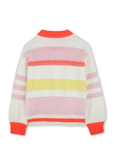 Knit sweater with white body, featuring horizontal stripes in pink, yellow, and orange. Ribbed orange collar and cuffs. Soft texture.