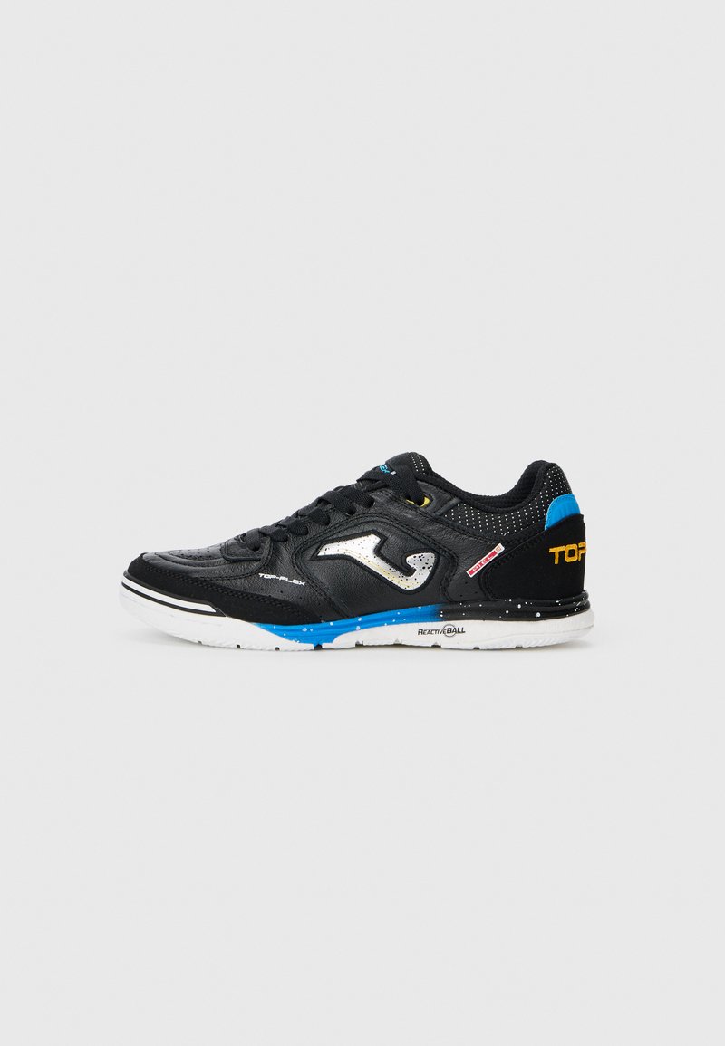 Black athletic shoe with a textured leather upper, white outsole featuring blue accents, and a silver logo on the side. 'TOPFLEX' text in yellow.