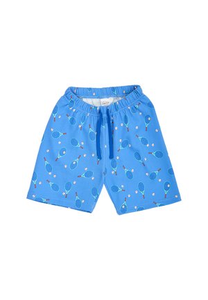 Blaue elastische Shorts mit Tennis-Schläger- und Ballmuster und blauem Kordelzug vorne.