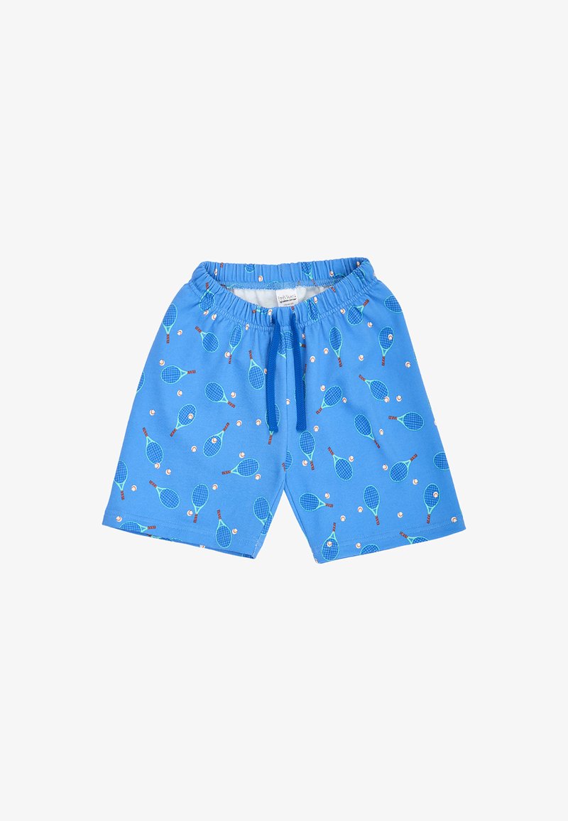 Shorts bleu à taille élastique avec motif de raquette et balle de tennis et un cordon bleu à l'avant.