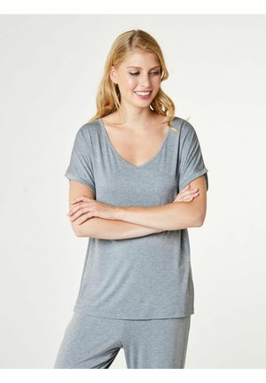 Gray short-sleeve T-shirt with a V-neck design, made from soft fabric. Features rolled sleeves and a relaxed fit. Simple and versatile style.