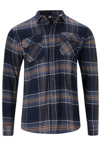 Navy blauwe geruite shirt gemaakt van zachte stof, met twee borstzakken, knoopsluiting en contrasterende oranje en witte lijnen in het patroon.