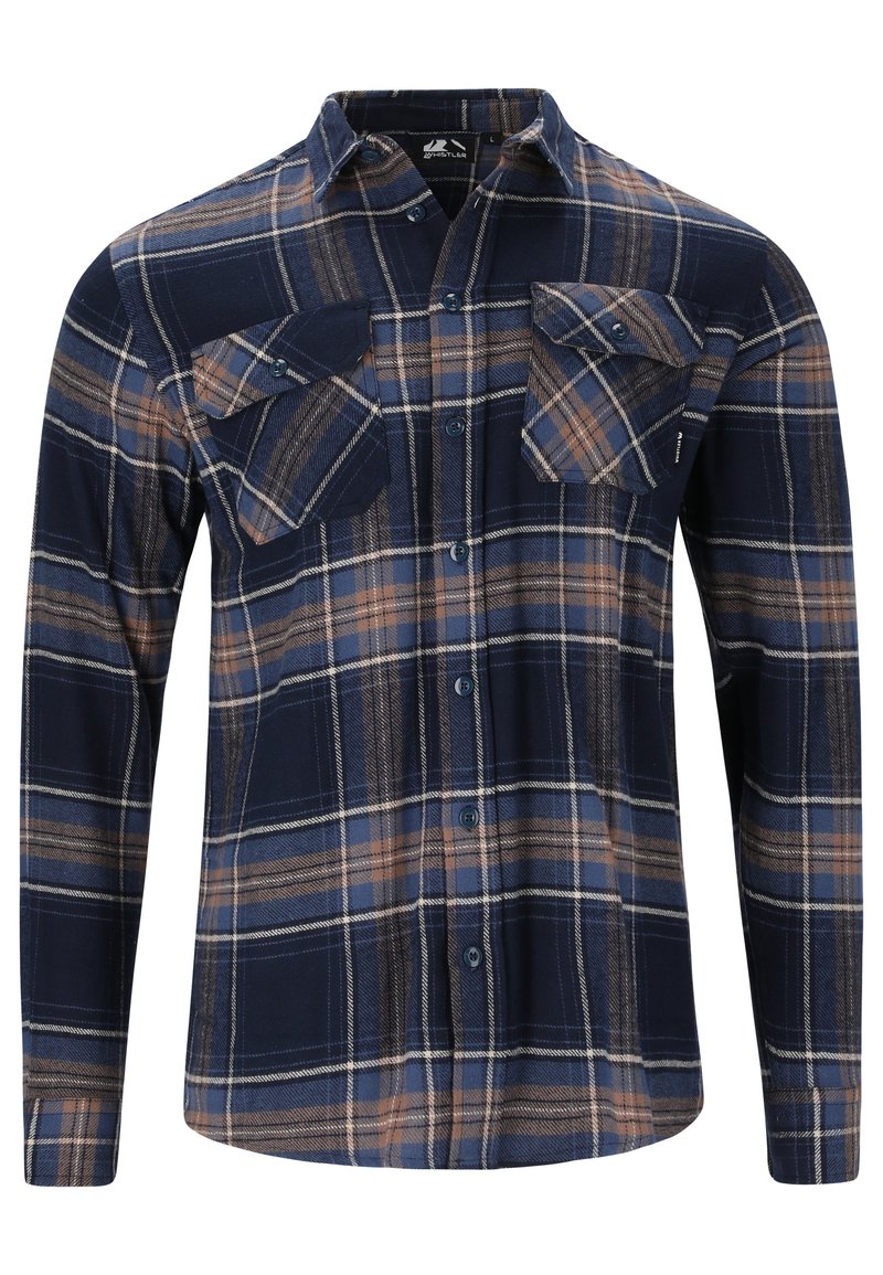 Navy blauwe geruite shirt gemaakt van zachte stof, met twee borstzakken, knoopsluiting en contrasterende oranje en witte lijnen in het patroon.