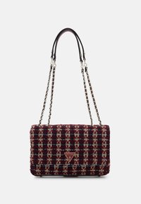 Red and cream woven tweed handbag with a rectangular shape, silver chain straps, and a triangular logo accent on the front.