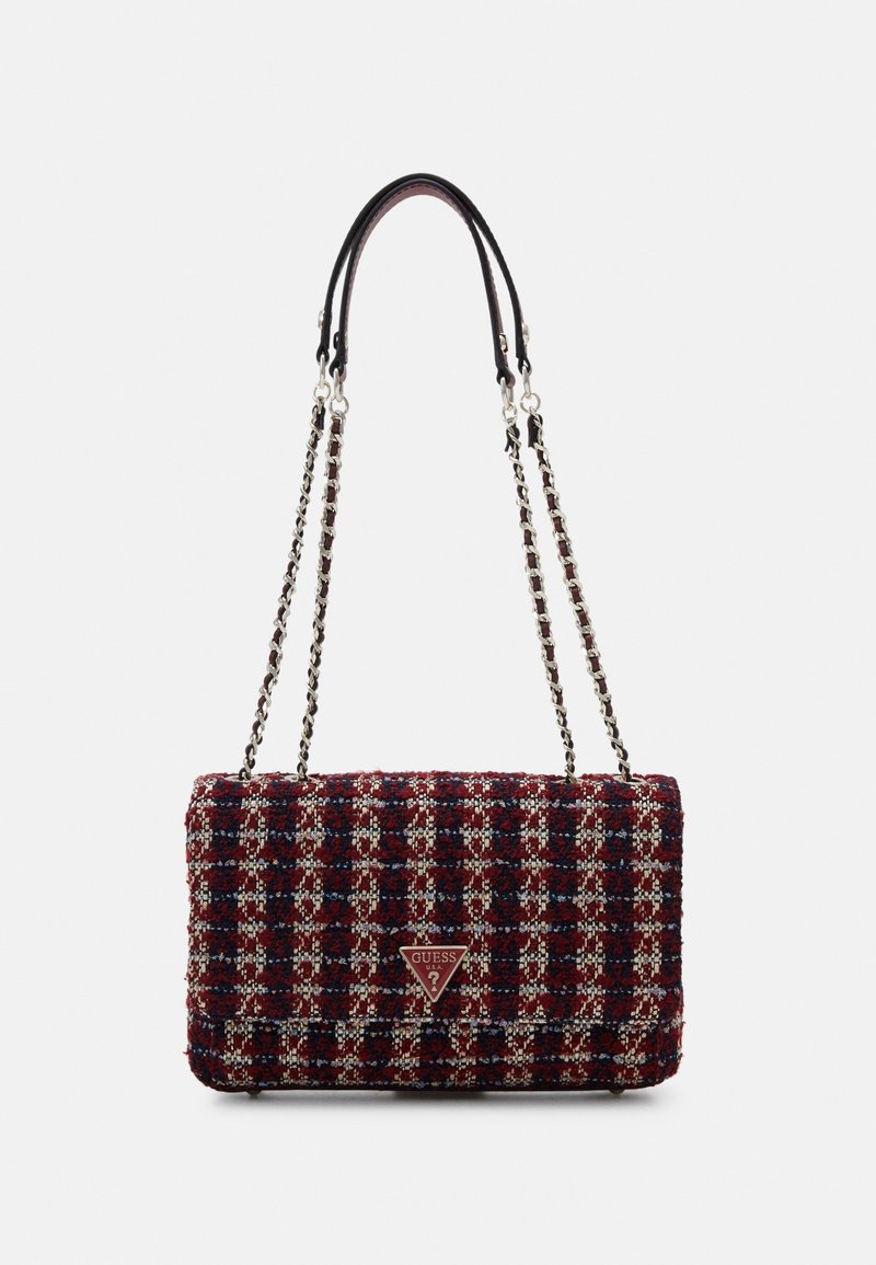 Red and cream woven tweed handbag with a rectangular shape, silver chain straps, and a triangular logo accent on the front.
