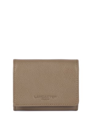 Tan leather wallet with a textured surface, fold-over design, and embossed "LANCASTER PARIS" logo on the front. Compact and rectangular shape.
