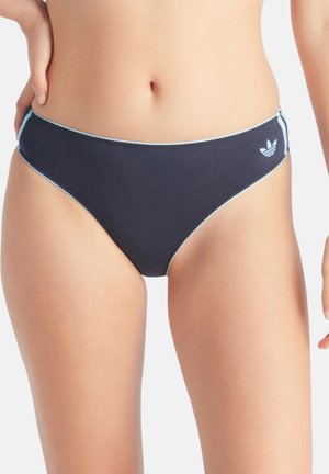 Mørkeblå bikini bund med lyseblå kant, der har et Adidas-logo på venstre side. Designet med en lav talje og medium dækning.