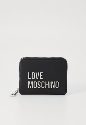Black wallet with silver hardware, featuring a smooth texture and embossed "LOVE MOSCHINO" branding on the front. Zipper closure.
