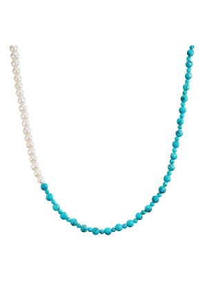 Necklace with alternating sections of white pearls and round turquoise beads on a white background.