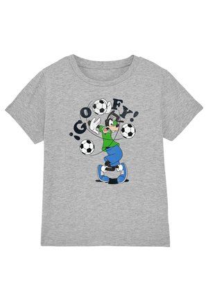 Gray short-sleeve shirt featuring a cartoon dog in green and blue juggling three soccer balls with the text "Goofy!" around the character.
