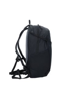 Black backpack with a sleek design, featuring padded shoulder straps, hexagonal mesh side panel, and adjustable buckles for stability.
