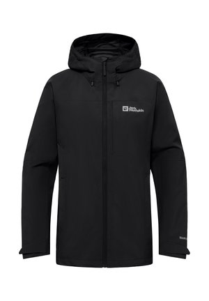 Schwarze wasserdichte Jacke mit Kapuze, durchgehendem Reißverschluss und Logodetail. Sie verfügt über eine lockere Passform und verstellbare Verschlüsse an den Bündchen.