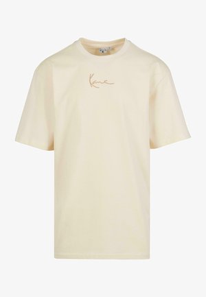 Cream-colored cotton t-shirt with short sleeves and a crew neckline; features a contrasting beige signature logo on the front.