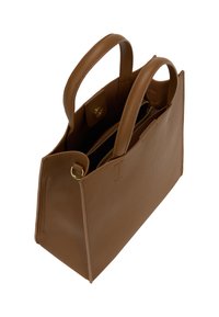 Brun pebble-læder tote taske med to håndtag, åben top, indre lommer og guld hardware detaljer. Tekstureret overflade og struktureret form.