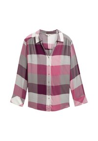 Langærmet skjorte med knaplukning i stort lyserødt, lilla, hvidt og gråt ternet mønster og klassisk krave, præsenteret på en hvid baggrund.