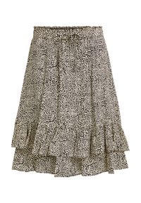 Sort-hvidt trykt nederdel med flæsekant, elastisk taljebånd og blomsterprint, der ligner abstrakte blade. Kort og vidt design.