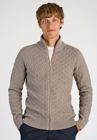 Ljusbrun zip-up-tröja med mönster av diamanter, ribbad krage och muddar, gjord av strukturerat stickat material.