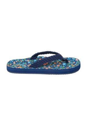 Blue flip-flop with braided straps and a multicolored floral pattern on the sole, displayed against a white background.