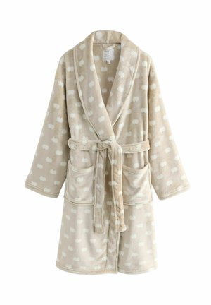 Beige aamutakki pehmeästä fleece-materiaalista, jossa on sidottava vyötärö, kaksi etutaskua ja vaaleamman beige pistekuvio. Pitkät hihat ja shaali-kaulus.