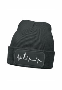 Black knit beanie with a ribbed texture featuring a white graphic of a runner and a heartbeat line on a contrasting patch.