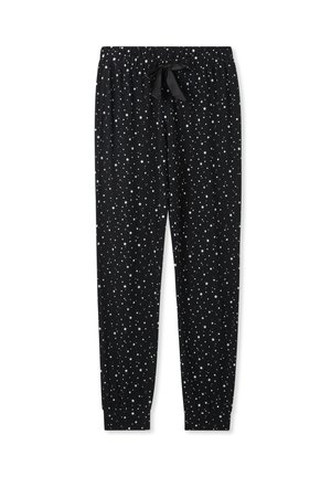 Pantaloni da pigiama neri con cintura regolabile, caratterizzati da un motivo di stelle sparse in azzurro chiaro. Il tessuto sembra morbido con polsini elasticizzati.