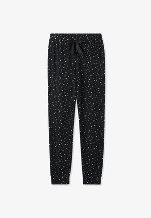 Pantaloni da pigiama neri con cintura regolabile, caratterizzati da un motivo di stelle sparse in azzurro chiaro. Il tessuto sembra morbido con polsini elasticizzati.