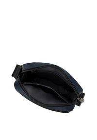 Borsa in tessuto blu navy con design strutturato, dotata di chiusura con zip e un ampio interno con una superficie liscia.