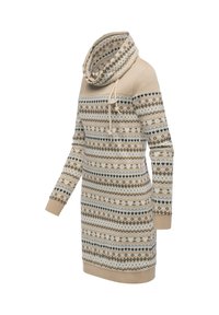 Robe en tricot beige avec un col en drapé, présentant un motif géométrique en noir, blanc et bleu. Manches longues, poignets côtelés et ourlet droit.